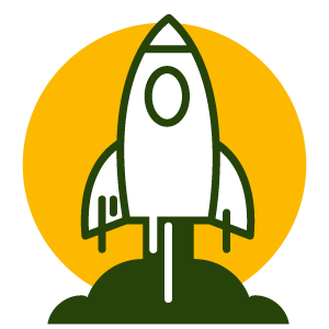 Rocket launching representing startup in front of yellow circle icon