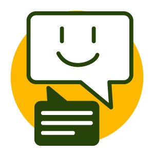 Icon of a speech bubble with a smiley face inside in front of yellow circle