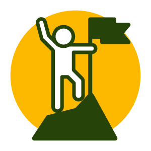 Icon of a stick figur person on top of a mountain peak in front of yellow circle