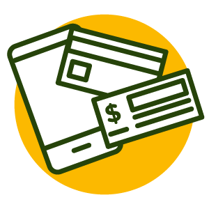 Icon of a phone, credit card, and check spread out in front of yellow circle