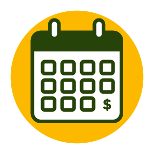 Icon of a calendar with a dollar sign showing payment day in front of yellow circle